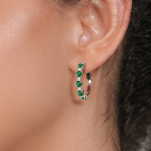 Gem Stone King 925 Sterling Silver Green Nano Emerald And White Lab Grown Diamond Hoop Earrings For Women (3.30 Cttw, Round 4Mm And 1.9Mm, Gemstone Birthstone 1 Inch Diameter) #TOP25