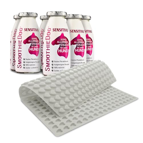 Hunde Smoothie SmoothieDog 6er Sensitivo (Pferd) + Trixie Backmatte Pink - Hundeleckerli selber Machen - Hypoallergener Snack für Hunde - Zucker- & glutenfrei - Hundekekse, BPA-Frei - je 250ml