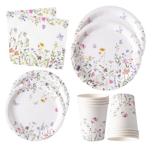 96PCS Wildflower Paper Plates and Napkins Disposable Floral Plates for Bridal Shower Garden Party Wedding Mothers Day Spring Party Baby Shower Afternoon Tea Party