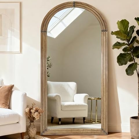 LXWZHK Full Length Mirror 76"x34" Arched Solid Wood Frame Floor Standing Mirror, Hanging or Leaning Wall-Mounted for Living Room, Bedroom, Oak Color Cover