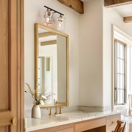 Image of KSANA Bathroom Vanity Lights, 2-Light Black and Electroplated Brass Vanity Light Over Mirror Mid-Century Modern Bathroom Light Fixtures with Textured Glass, 14 inch L x 6.7 inch W x 7.3 inch H