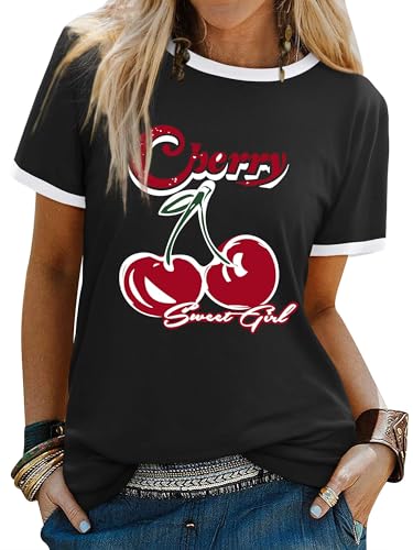 Dresswel Women's T-Shirts Sweet Girl Cherry Graphic Print Tshirt Crew Neck Short Sleeve Color Block Summer Tee Tops Black