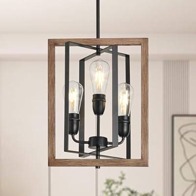 Bosomfr 3-Light Chandelier for Entryway, Modern Farmhouse Chandelier for Foyer Bedroom Light Fixture, Rustic Hanging Lights for Dining Room Living Kitchen Island, Adjustable Black and Imitation Wood