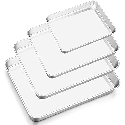 Baking Tray Set of 4, Herogo Stainless Steel Oven Tray Set, Professional Baking Roasting Cooking Serving Sheet Pan for Home Restaurant Hotel, Non-Toxic & Mirror Finish, Dishwasher Safe, Metal Silver Cover