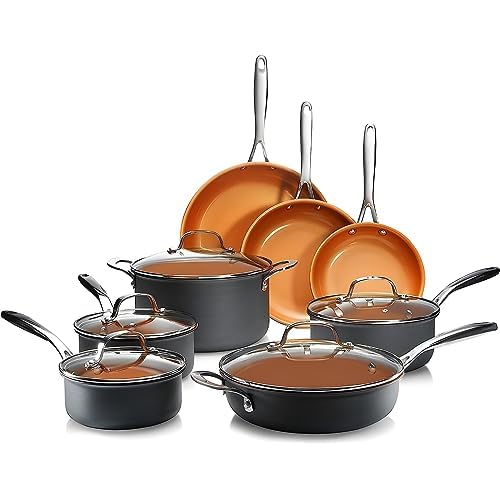 Gotham Steel Pro 13 Pc set Ceramic Pots and Pans Set Non Stick Cookware Sets Pot and Pan Set, Kitchen Cookware Sets, Ceramic Cookware Set, Hard Anodized Cookware Set, Pot Set, Dishwasher Safe, Copper