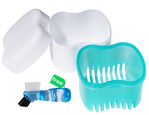 Denture Case,Denture Brush Retainer Case,Denture Cups Bath,Dentures Container with Basket Denture Holder for Travel,Retainer Cleaning Case Green