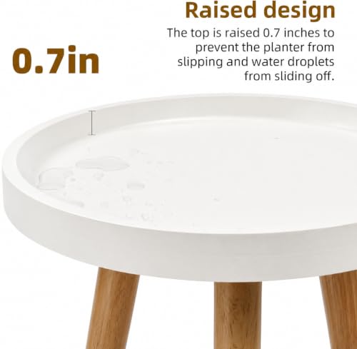 Image of KGPLOME 2 Pack White Plant Stands Indoor with Raised Design and Wood Leg | 12x17'' Raised Design Round Small Side End Table,Mid CenturyTall Holder for Flower Pots with Silicone Footpads