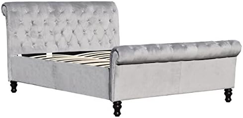 Sleep Design Lambeth Grey Velvet Fabric Upholstered Sleigh Bed Frame - Double or King Size (Double 4ft6)