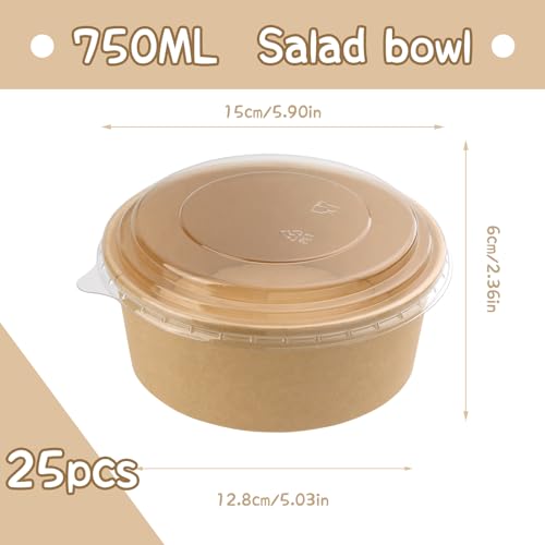 Hssugi 25 OZ Disposable Bowls with Lids 25 Pack, Large Kraft Paper Salad Bowls with Lids, Round Paper Food Container for Hot Cold Food, Soup, Ice Cream and Yogurt - Thumbnail 2