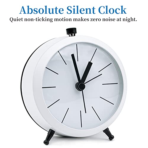 Justup 4 Inch Analog Alarm Clock, Non-Ticking Silent Battery Operated Modern Metal Table Clock, Exquisite Small Round Alarm Clock Desk Clock For Bedroom, Bedside, Desk, Shelf (White) #TOP1