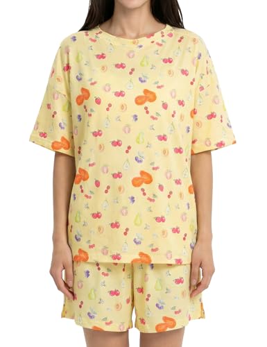Buxitt Avenue Djerf Pajamas Womens Short Sleeve T-Shirt Pajama Sets Summer Soft Fruit Print Relaxed Fit Lounge Sleepwear