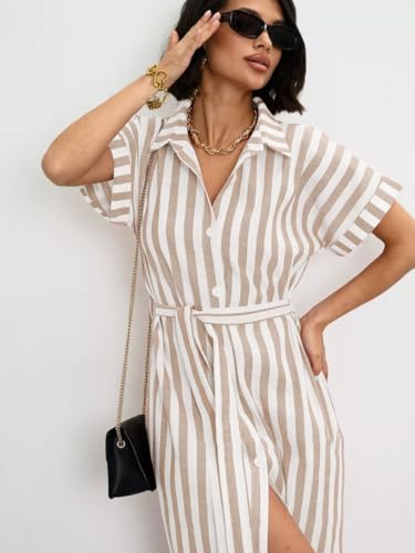 Image of chouyatou Women's Summer Short Sleeve Striped Shirt Dress Beach Maxi Long Belted Casual Button Down Dress