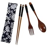 ARTIBETTER Essstäbchen Gabel Löffel mit Polyester Aufbewahrungstasche Tragbar für Büro Picknick Camping Umweltfreundliches Geschirr 3 Stück