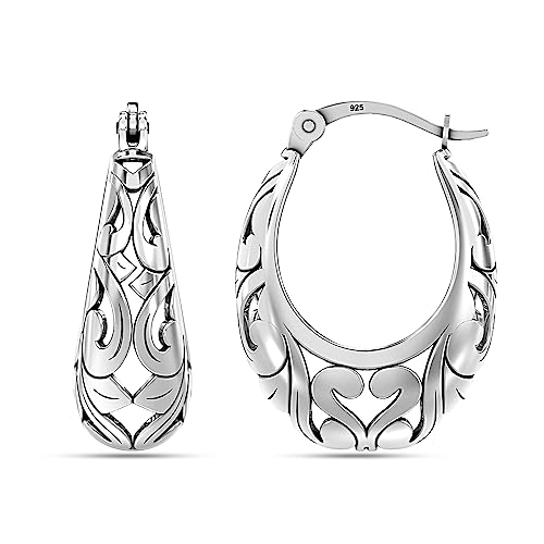 LeCalla 925 Sterling Silver Hoop Earrings | Women's Chunky Filigree Hoop Earrings | Antique Filigree Cut Earring | Lightweight & Hypoallergenic Vintage Hoops Earring for Women3