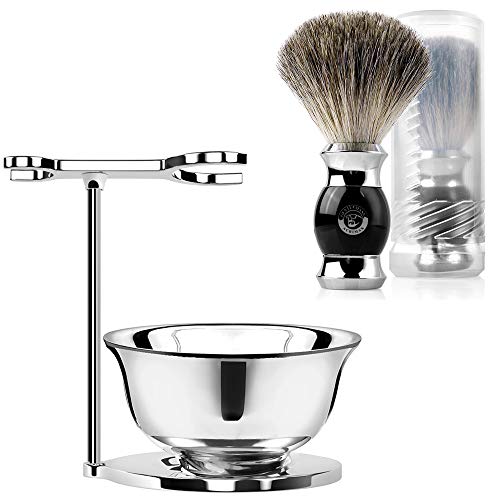 ACRIMAX Shaving Mug and Brush Set for Men, Badger Shave Brush with Travel Tube, Chrome Stainless Steel Shaving Razor Brush Stand and Double Layers Soap Bowl