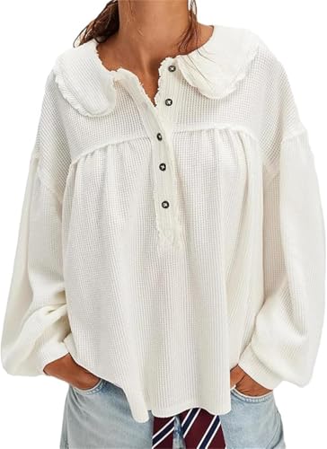 Women Waffle Knit Vneck Top Long Sleeve Button...