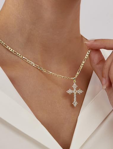 14K Gold Plated Women's Cross Necklace, Cubic Zirconia Copper Cross Pendant, Valentine's Mother's Day Gifts for Her with Jewelry Box Figaro Link Chain, Alloy Brass CZ Diamond Bridal Wedding2