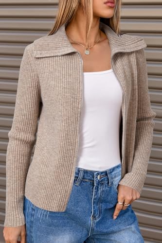Arach&Cloz Women's Wool Blend Fall Zip Up Lapel Neck Business Cardigan Sweaters 20253