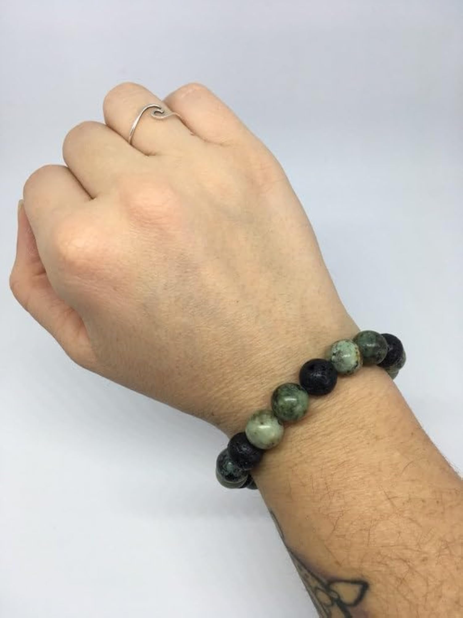 Natural African Turquoise & Black Lava Gemstone Stretch Bracelet, Unisex