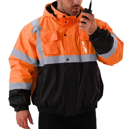 fortresswear Hi-Vis Safety Jacket for Men, High Visibility Reflective Hooded Jacket ANSI/ISEA 107-2020 Type R Class 3, Safety Bomber Jacket with Pockets (Black Bottom Orange,6XL)