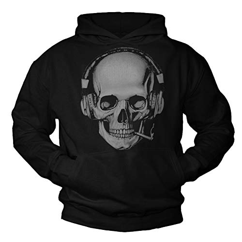 Makaya Sweat Shirt à Capuche Crane - Tete de Mort Skull - Pull Sweatshirt Casque de Musique Noir L