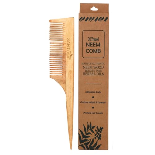 Image of Santosa Kacchi Neem Wooden Comb, Soaked in 14 Herbs & Neem, Coconut and Sesame Oils, for Hair Growth, Detangling, Frizz Control, Hair Shine, Hairfall and Dandruff, All Hair Types (Tail)