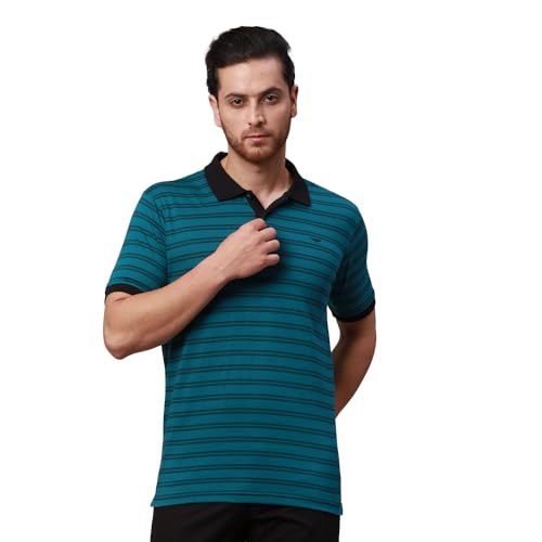 Image of Park Avenue Men's Cotton Polyester Blend Stripe Pattern Slim Fit Rib Collar Polo Neck Half Sleeve Casual T-Shirt