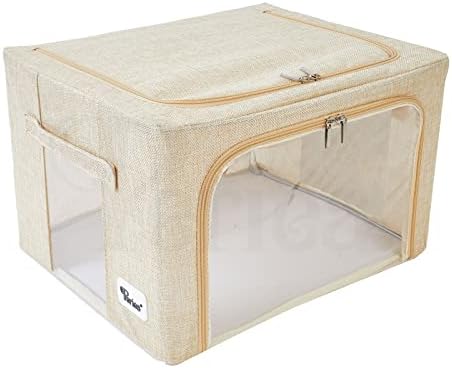 Periea Beau Folding Collapsible Stackable Fabric Home Storage Boxes with Steel Frames (Black & White, Large)