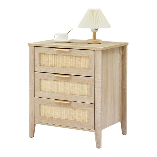 MilleLoom Rattan Nightstand, Boho Bedside Table with with 3 Drawers