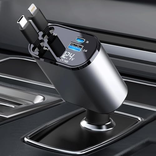120W Fast Car Charger (2025 New Version) with 80CM Retractable Type-C – Simultaneous Charging for 4 Devices – Universal Car Mobile Charger for All Smartphones & Tablets
