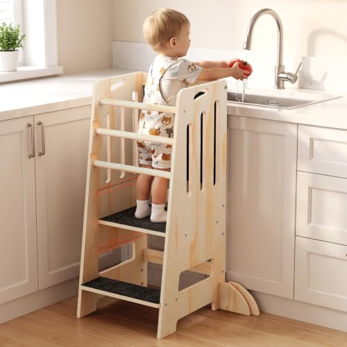 Image of Toddler Tower Kitchen Helper Adjustable Height, Toddler Kitchen Stool with Blackboard, Super Stable Learning Tower with Safety Rails & Soft Non-Slip Pads, Wooden Kids Step Stool(Natural)