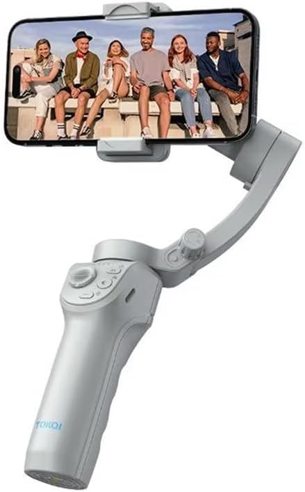M01 AI Intelligent Gimbal with a smartphone mounted, displaying people on screen.