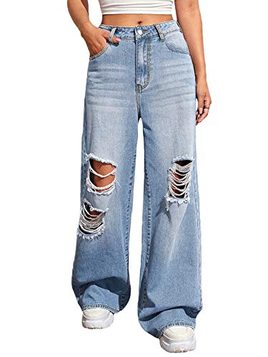 Sweatyrocks Women's Casual Loose Ripped Denim Pants Distressed Wide Leg Jeans Light Blue Xs #TOP22