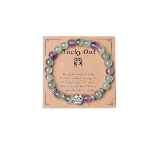 Product Image of the MAIBAOTA Owl Bracelet Owl Gifts for Women 8 mm Round Fluorite Gemstones Stretch Bracelet