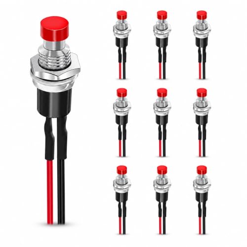 Interruptor de botón pulsador, Botón de encendido/apagado, Interruptor de botón momentáneo, Botón pulsador SPST, Diámetro del botón 7 mm, 1A 250VAC, 2 pines con cable, Rojo, 10 Unidades