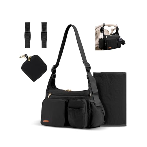 LAIMEIWEE Puffy Crossbody Diaper Bag 2-in-1 Stroller Caddy & Mom Purse 13L Lightweight Travel Duffle Bag for Baby Work Commute Gym Labor Delivery (Black)