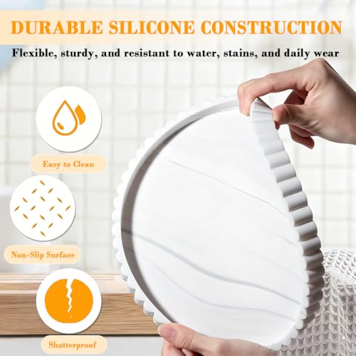 Image of HASTHIP Silicone Countertop Tray Toiletries Holder 23cm Dia Round Tray Desk Organizer Simulated White Marble Bathroom Countertop Organizer for Skincare, Cosmetics and Accessories