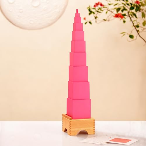 Premium Montessori Pink Tower with Stand & Cards – Solid Beechwood Sensorial Material, 10 Graded Cubes 1-10cm, Size Discrimination & Fine Motor Skills Toy for Toddlers, Homeschool Classroom Ages 3-6 by penepico - Used condition - Image 6