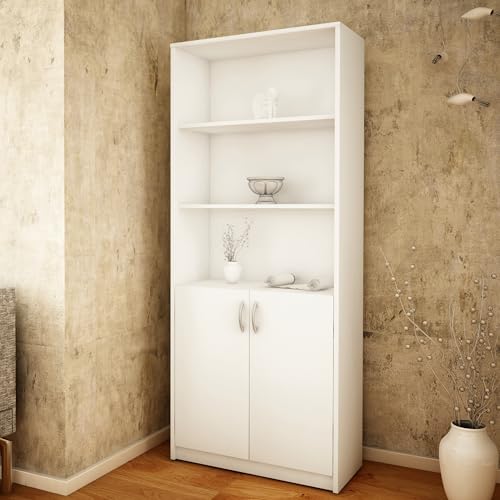 Home Collective Bücherregal mit 5 Ebenen und 2 Türen Mehrzweckschrank Haushaltsschrank in mattem Finish Aktenschrank Regal 74 cm breit, ideal für Schlafzimmer, Wohnzimmer, Flur | weiß
