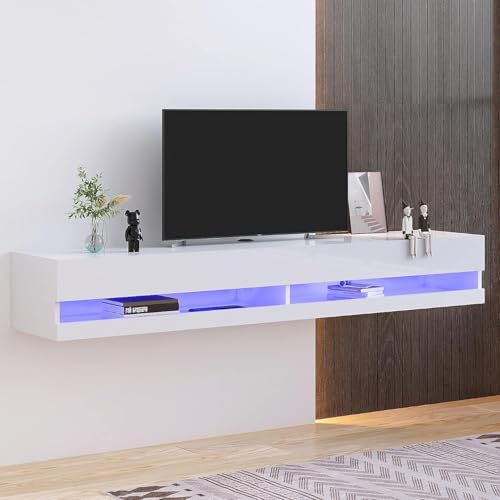 St.Mandyu Floating TV Stand for TVs Up to 85 inch,71'' Modern Entertainment Center with LED Lights and Power Outlets,Wall Mounted Media Console Hanging TV Shelf(White)