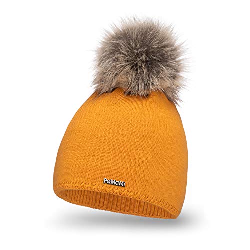 PaMaMi Damen Winter-Mütze mit Webpelz-Bommel | 3 Farben | Gr. 55-58 cm | Gefüttert, in Strickoptik | Feminine, sehr warme Strickmütze mit flauschigem Futter (Senfgelb)