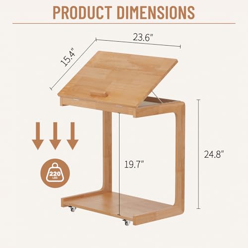 Image of Uniclinens Rolling Side Table Desk Sofa - C Shape Couch End Table with Wheels, Mobile Wooden Slim Sofa Tray, Movable Small Couch Desk for Living Room Bedroom, Cherry