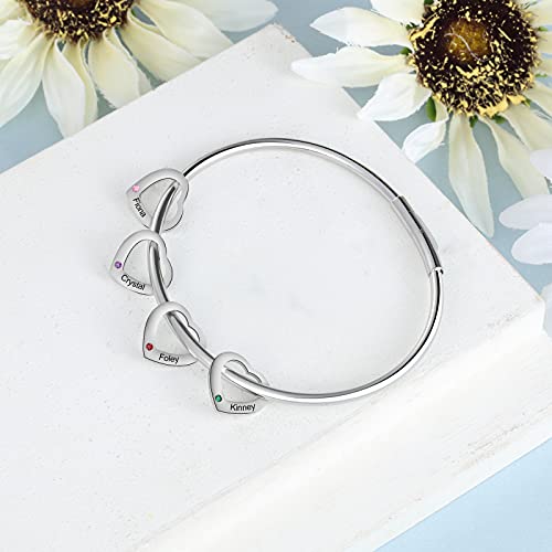Personalized Inspirational Women Bracelet Bangle with 2-6 Simulated Birthstones Custom Hearts Charms Bracelet Engraved 2-6 Names Bangle Mother Daughter Jewelry Gifts(silver, 4 charms) - Thumbnail 6