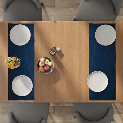 Image of Encasa XO Dining Table Runner for 4 Seater, Chenille Fabric Blue