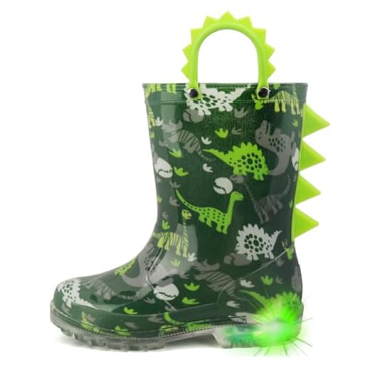 HugRain Botas De Chuva Para Meninos E Meninas, Sapatos Borracha Impermeáveis Com Luzes, Estampados Lama, Leves Adoráveis, Alças Fáceis Calçar, Sola Antiderrapante, Dinossauro Verde, Tamanho 5
