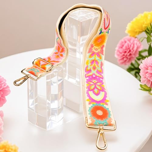 Image of Knit Wide Embroidery Flower Straps,Purse Strap Replacement Crossbody for Shoulder Bag Adjustable Guitar Strap