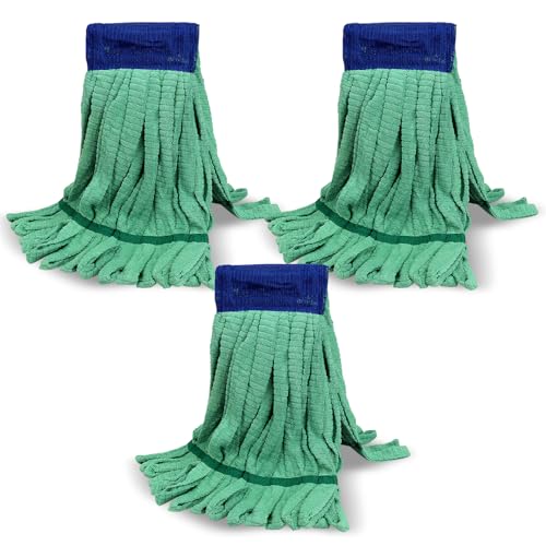 Heavy Duty Commercial Mop Head Replacement for Rubbermaid: 3 Packs 14oz Microfiber Tube Lint Free Industrial Heavy Duty Mop Head for Floor Cleaning - Super Absorbent & Bleach-Safe (Green)