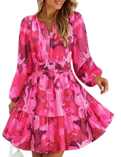 ZESICA Womens Spring Long Sleeve Floral Mini Dress 2026 Summer Boho V Neck A-Line Flowy Dresses Beach Vacation Clothes,Rose,Large