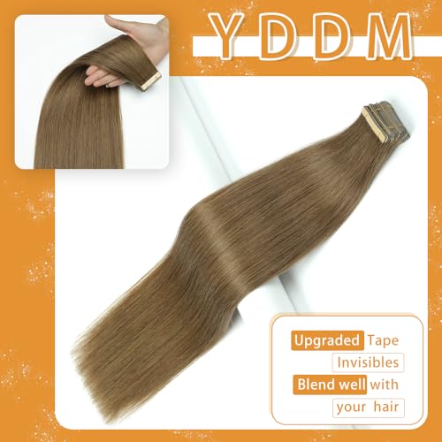 Image of YDDM 20pcs 14 Inch Tape in Hair Extensions, Ash Brown 100% Remy Human Hair Straight Seamless Invisible Tape in Hair Extensions Human Hair(8#, 14 Inch)