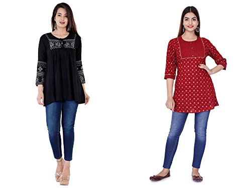 Image of Shiva Fab Short Kurti for Women | Embroidered Straight Rayon Kurta | Round Neck Full Sleeves Short Kurti for Women's Combo Pack of 2